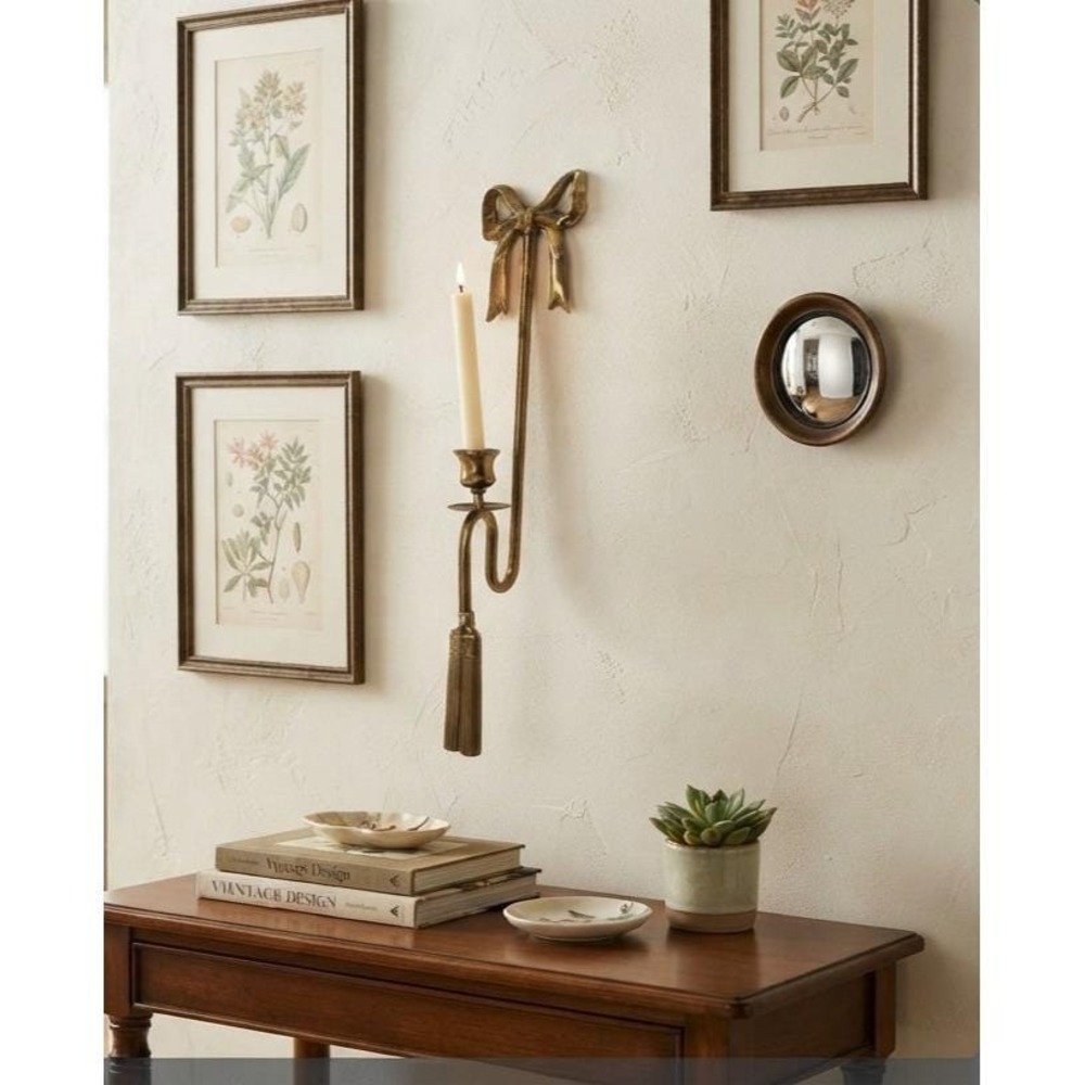Vintage Brass Ribbon Bow & Tassel Wall Sconce Candle Holder Hollywood Regency